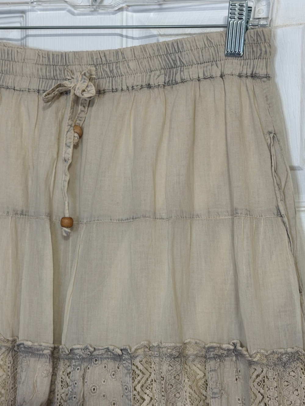 Neutral Tiered Lace-Trim Maxi Skirt with Drawstring Waist - Picture 2 of 5